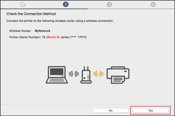 Check the Connection method screen with Yes selected at bottom right